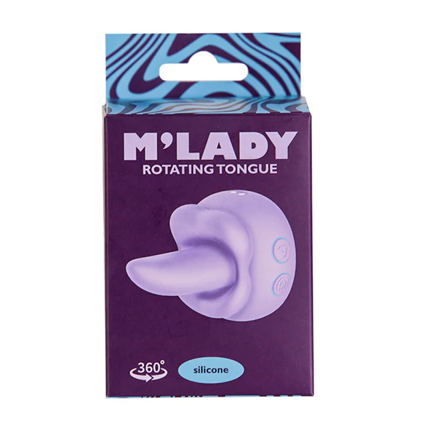 A purple box labeled "M'Lady Rotating and Licking Tongue Vibrator" displays a lavender silicone stimulator with rotating tongue features, ideal for customizable pleasure, set against a purple background with blue patterns.