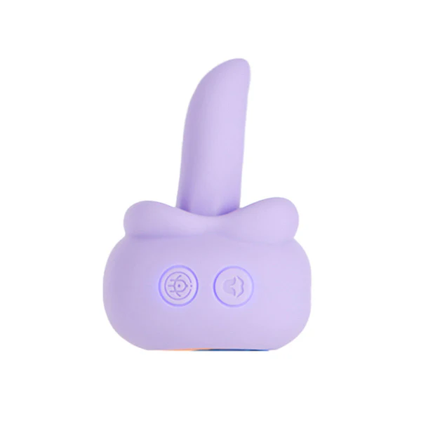 The M'Lady Rotating and Licking Tongue Vibrator is a small, light purple silicone clitoral toy with a curved, upright shaft and two base buttons for customizable pleasure, shown against a white background.