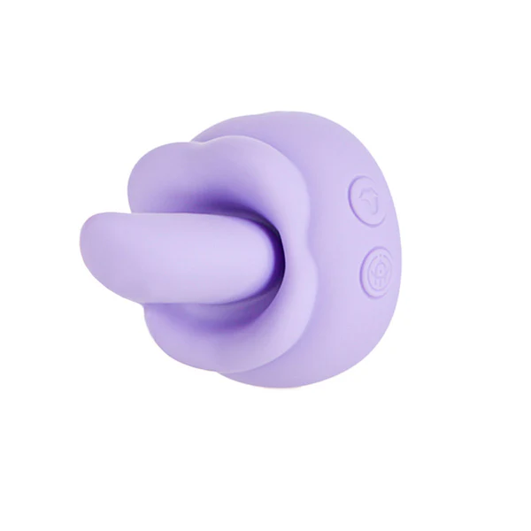 The M'Lady Rotating and Licking Tongue Vibrator is a compact, lavender silicone clitoral toy with a tongue-like extension and two side control buttons, designed for intimate use and shown on a white background.