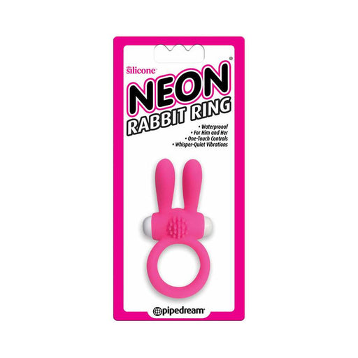 The Neon Rabbit Ring Vibrating Silicone Cockring With Ears, in pink waterproof silicone packaging, features whisper-quiet vibrations and one-touch controls, designed for couples—perfect for both him and her.