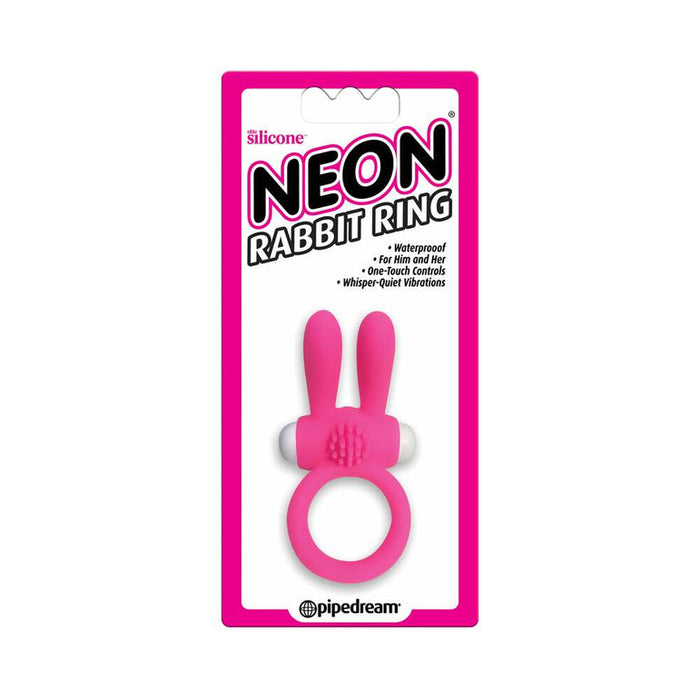 The Neon Rabbit Ring Vibrating Silicone Cockring With Ears, in pink waterproof silicone packaging, features whisper-quiet vibrations and one-touch controls, designed for couples—perfect for both him and her.