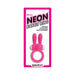 The Neon Rabbit Ring Vibrating Silicone Cockring With Ears, in pink waterproof silicone packaging, features whisper-quiet vibrations and one-touch controls, designed for couples—perfect for both him and her.
