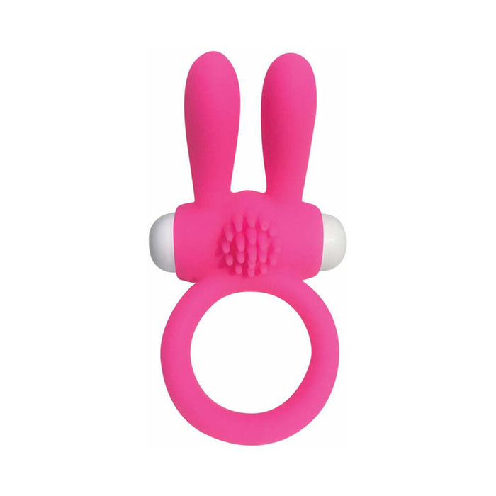The Neon Rabbit Ring is a pink waterproof silicone vibrating cockring with two upright bunny ears and textured bumps on the front, designed for couples' adult novelty and enhanced stimulation.