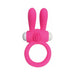 The Neon Rabbit Ring is a pink waterproof silicone vibrating cockring with two upright bunny ears and textured bumps on the front, designed for couples' adult novelty and enhanced stimulation.