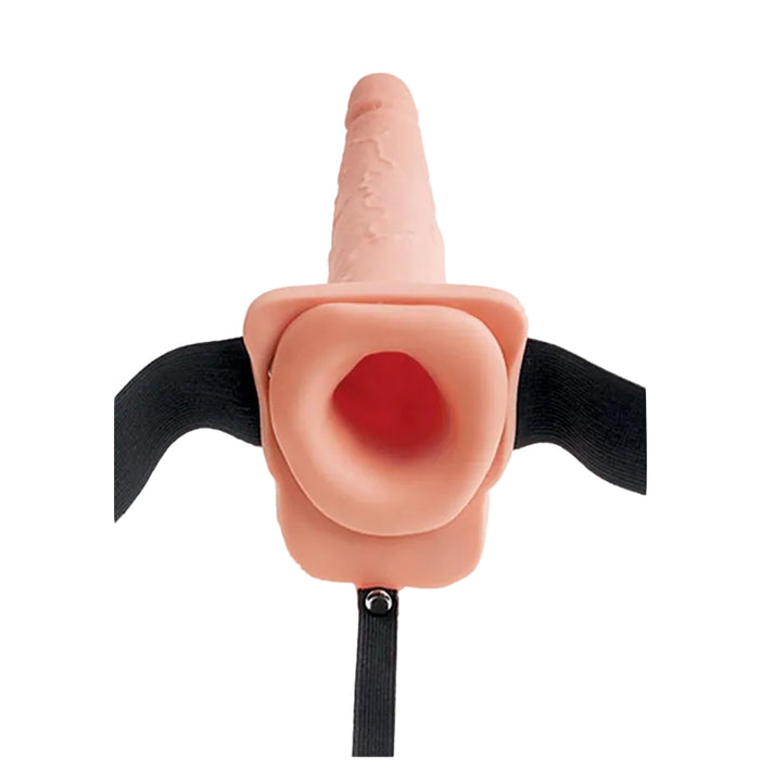 Vanilla 7.5-inch hollow squirting dildo with realistic veins and a black strap-on harness base.