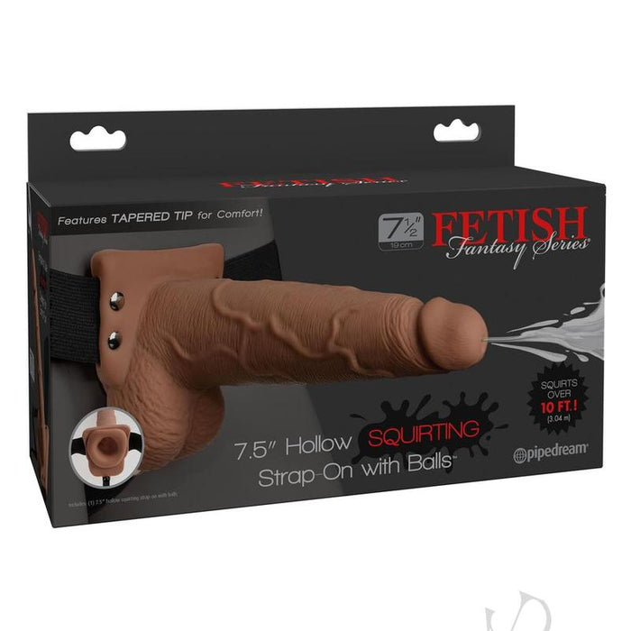 Fetish Fantasy Hollow Squirting Dildo (7.5 Inch) w/Balls & Strap-on Harness - Caramel