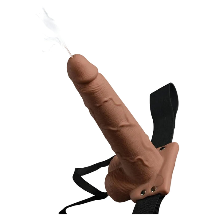 Fetish Fantasy Hollow Squirting Dildo (7.5 Inch) w/Balls & Strap-on Harness - Caramel