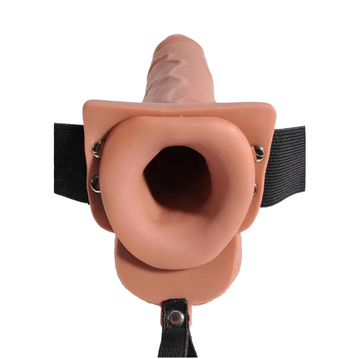Fetish Fantasy Hollow Squirting Dildo (7.5 Inch) w/Balls & Strap-on Harness - Caramel