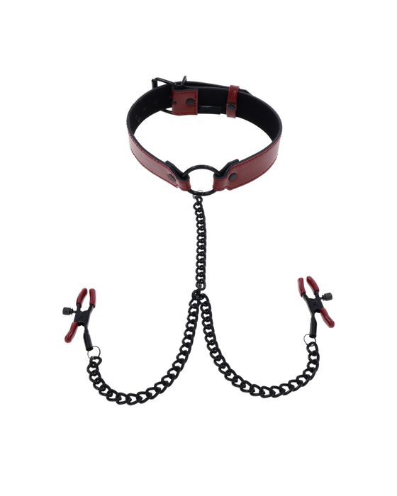 Black and red Sportsheets Saffron Collar with Nipple Clamps, isolated on a white background.