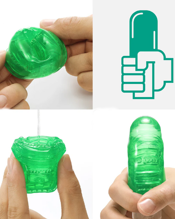 A collage of three images showing hands holding and squeezing a Tenga Uni Emerald Textured Finger Sleeve for Stroking and Clit Massage in different positions, demonstrating its flexibility and texture.