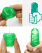 Three images showcasing a Tenga Uni Amethyst Textured Finger Sleeve for Stroking and Clit Massage. Top left: toy being squished by fingers. Top right: graphic icon of a green thumbs up. Bottom: toy stretched between fingers.