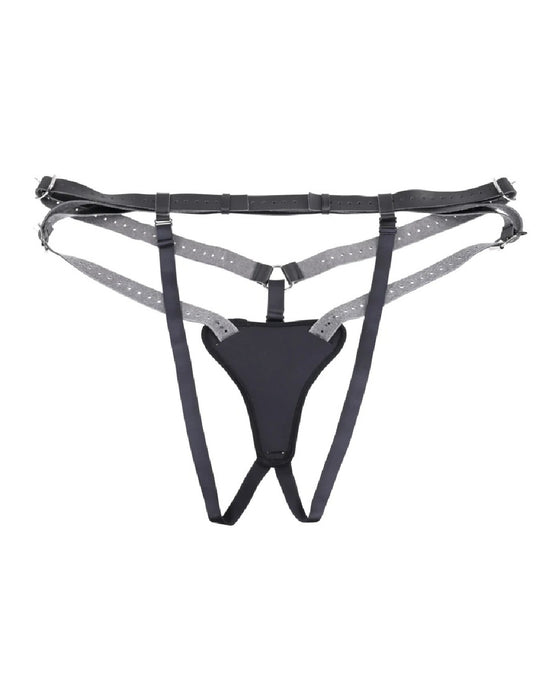 A Sportsheets Aurora High Waisted Adjustable Strap on Harness, with a central joining piece, displayed against a white background.