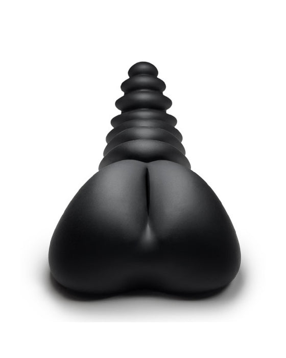 Abstract Luvgrind Soft Silicone Stroker, Grinder and Dildo Base - Black with a smooth, stacked spherical design, resembling a stylized shell or pebble stack, made of silicone, against a white background.