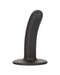 Black ergonomic Boundless 4.75 Inch Smooth Black Silicone Dildo with a curved shape and a stable suction cup base, isolated on a white background. Brand: CalExotics