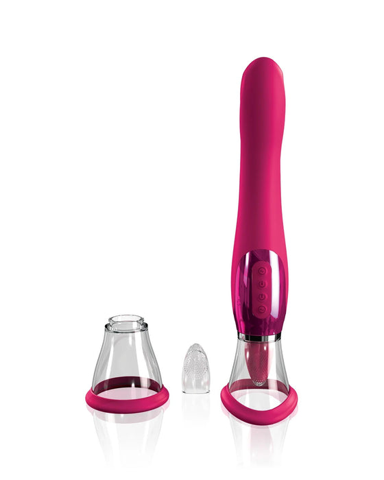 A pink silicone Jimmyjane Apex Double Ended Licking, Sucking G-Spot Vibrator with powerful motors and chrome accents, featuring adjustable controls and accompanied by two transparent silicone attachments, displayed on a white background.