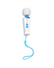 A portable handheld Magic Wand Micro Rechargeable Cordless Vibrator with a blue lanyard on a white background has a rechargeable battery.
