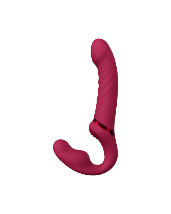 A dark pink, curved Lovense Lapis App Controlled Strapless Strap-On Dildo with a secondary clitoral stimulator arm, featuring an app-controlled mechanism on the base, isolated on a white background.
