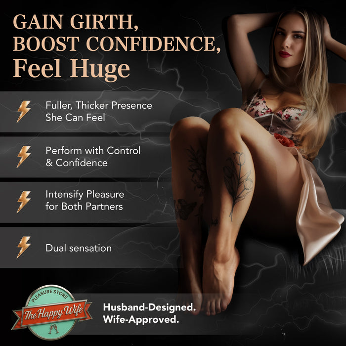 A woman in lingerie sits cross-legged on a dark backdrop. Bold text says, “Gain Girth, Boost Confidence, Feel Huge.” Bullet points spotlight the Girthy Pleasure Sleeves—an open-ended silicone penis sleeve with grind pad (Size M). Happy Wife logo appears below.