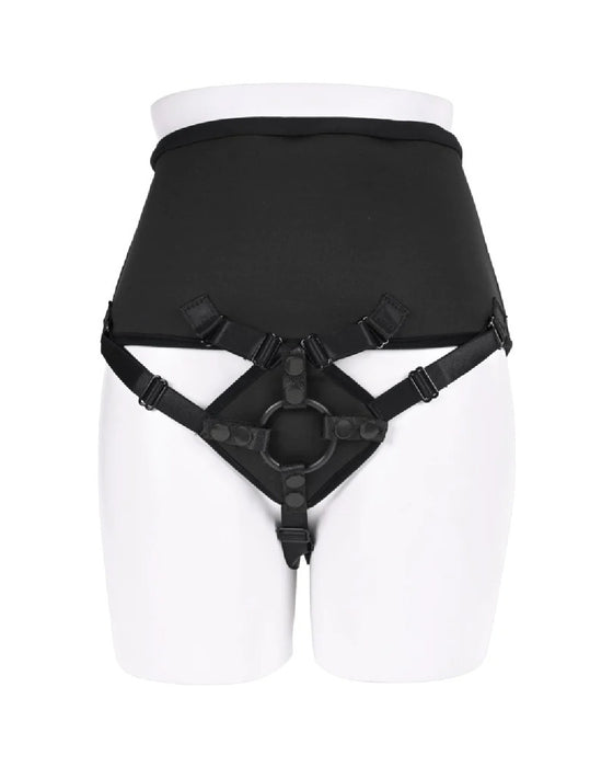 A black Sportsheets Corset High Waisted Adjustable Strap On Harness displayed on a white mannequin torso with adjustable straps.