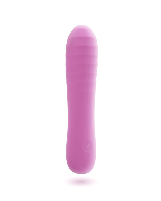 A pink silicone pleasure toy with a ribbed design, isolated on a white background. 
Product: The Wand First Time Ultra Soft Flexible Silicone Mini Wand Vibrator - Pink 
Brand: Creative Conceptions