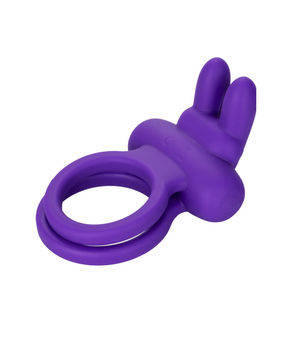 A Dual Rockin Purple Rabbit Vibrating Couples Cock Ring by CalExotics against a white background.