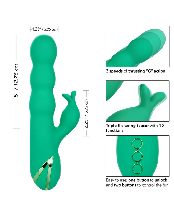 An illustration of a green, waterproof CalExotics California Dreaming Sonoma Satisfier Dual Stimulation Vibrator designed for g-spot stimulation with specific design features and functionalities, including dimensions, multiple speed settings, and an additional stimulator.