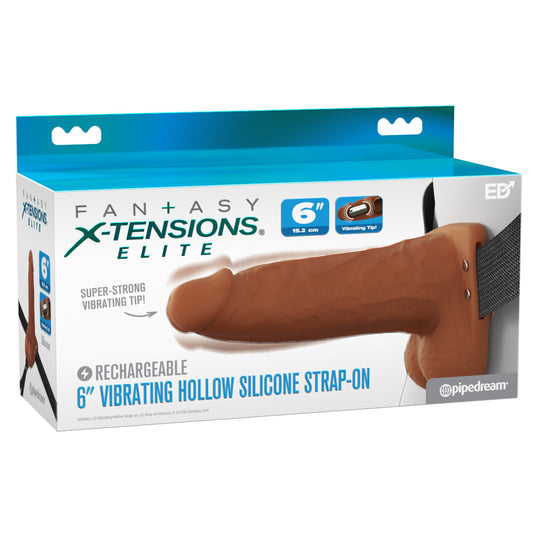 A product box for the Fantasy X-Tensions Elite Vibrating Hollow 6 Inch Silicone Dildo & Strap-On Harness - Chocolate shows an image of the brown strap-on and features product details on the packaging.