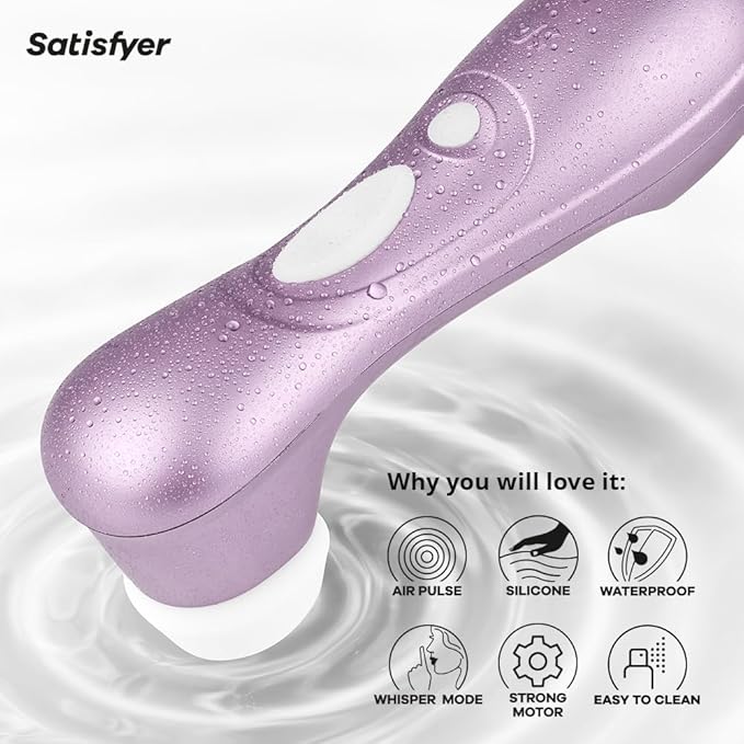The Satisfyer Pro 2 Waterproof Pressure Wave Clitoral Stimulator - Lilac, shown above rippling water with droplets, features air pulse technology, soft silicone, waterproof design, whisper mode, strong motor & easy cleaning for clitoral pleasure.