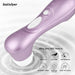The Satisfyer Pro 2 Waterproof Pressure Wave Clitoral Stimulator - Lilac, shown above rippling water with droplets, features air pulse technology, soft silicone, waterproof design, whisper mode, strong motor & easy cleaning for clitoral pleasure.