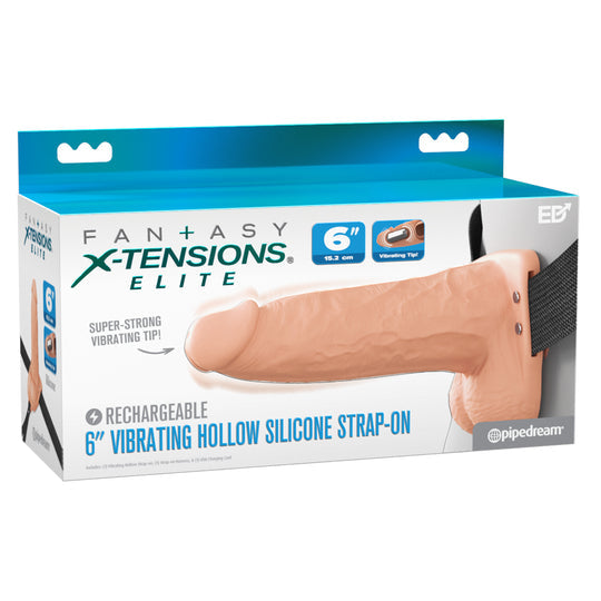 Box of the Fantasy X-Tensions Elite Vibrating Hollow 6 Inch Silicone Dildo & Strap-On Harness - Vanilla, featuring a hollow strap-on design, strong vibrating tip, penis sleeve details, and bold branding on the packaging.