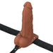 The Fantasy X-Tensions Elite Vibrating Hollow 6 Inch Silicone Dildo & Strap-On Harness - Chocolate features a realistic brown silicone dildo and adjustable black straps with metal rivets for a secure, comfortable fit around the waist and pelvis.
