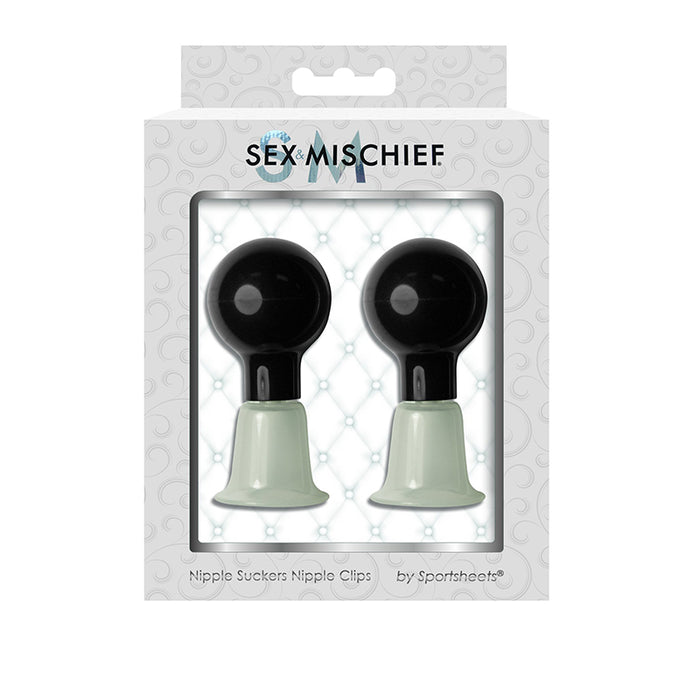 Packaging for Sex & Mischief Nipple Suckers displays two black and white adjustable suction toys inside a branded white box—ideal for enhanced nipple play.