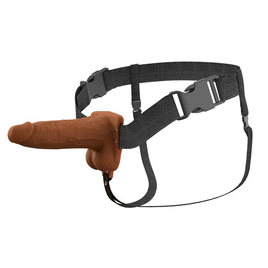 The Fantasy X-Tensions Elite Vibrating Hollow 6 Inch Silicone Dildo & Strap-On Harness - Chocolate features a brown vibrating dildo with adjustable black straps and buckles, designed for secure wear around the waist and hips.