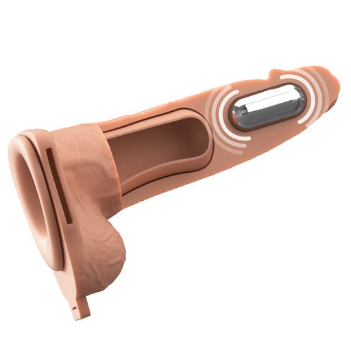 The Fantasy X-Tensions Elite Vibrating Hollow 6 Inch Silicone Dildo & Strap-On Harness - Vanilla is sliced open to show its inner vibrating mechanism and structure, displayed against a plain white background.