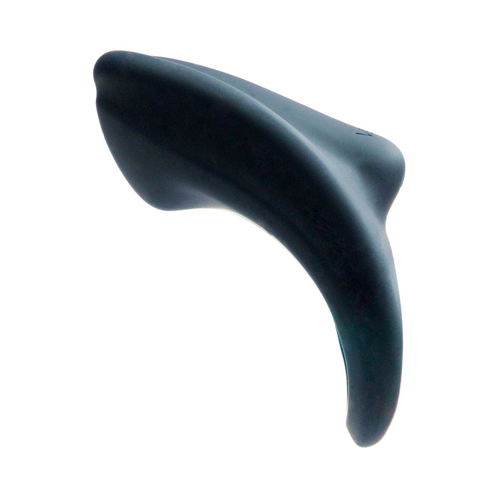 The Overdrive+ Rechargeable Vibrating Couples' Ring is a black, curved silicone ring with an ergonomic design and smooth surface, shown against a white background.