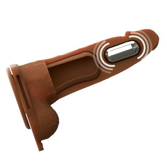 A cross-section of the Fantasy X-Tensions Elite Vibrating Hollow 6 Inch Silicone Dildo & Strap-On Harness - Chocolate reveals an internal vibrating bullet with motion lines, highlighting its powerful function and design.