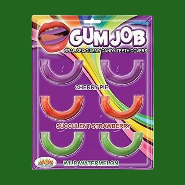 Gum Job Flavored Oral Pleasure Candy Teeth Covers offers six edible gummy teeth covers in cherry pie, succulent strawberry, and wild watermelon flavors. The playful pack features lips, rainbow accents, and a vibrant purple background for fun oral play.