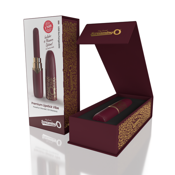 A maroon box labeled "My Secret Screaming O Premium Lipstick Vibrator" stands open, displaying a discreet, lipstick-shaped vibrator with gold patterns on both the packaging and product beside it.