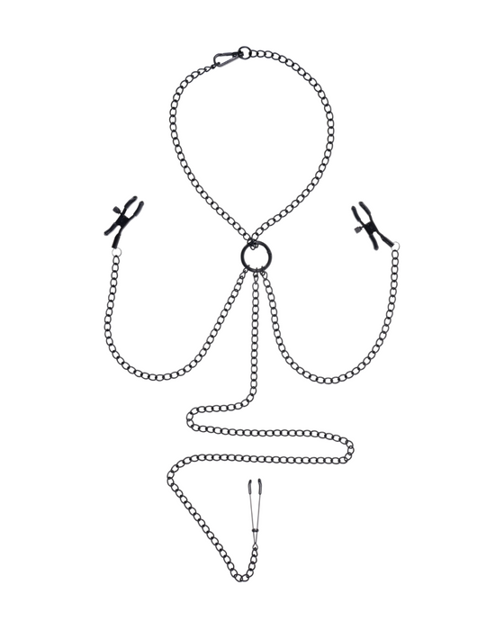 An illustration of the Saffron Nipple to Clit Clamp and Chain Set by Sportsheets set in a line drawing style, featuring an anchor design symbolizing nautical themes.