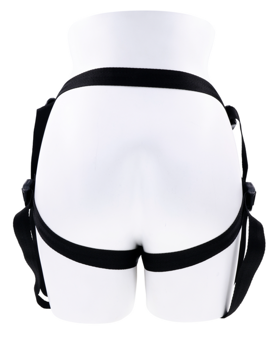 White mannequin lower torso wearing a black Sportsheets Dual Desires Double Penetration Strap On Harness with dual interchangeable O Rings, isolated on a white background.