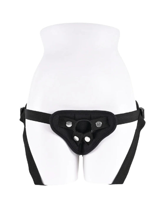 A Sportsheets Breathable High Waisted Adjustable Strap On Harness without attachments presented on a featureless white mannequin torso against a clean white background.