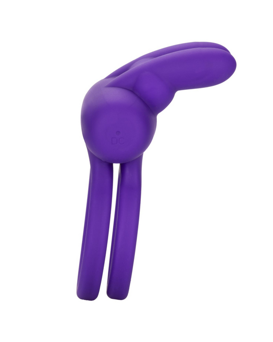 A Dual Rockin Purple Rabbit Vibrating Couples Cock Ring from CalExotics with vibrating bunny ears on a white background.