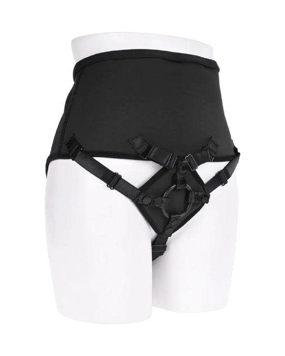 Black Sportsheets corset-style high-waisted garter belt with adjustable straps on a white mannequin torso.