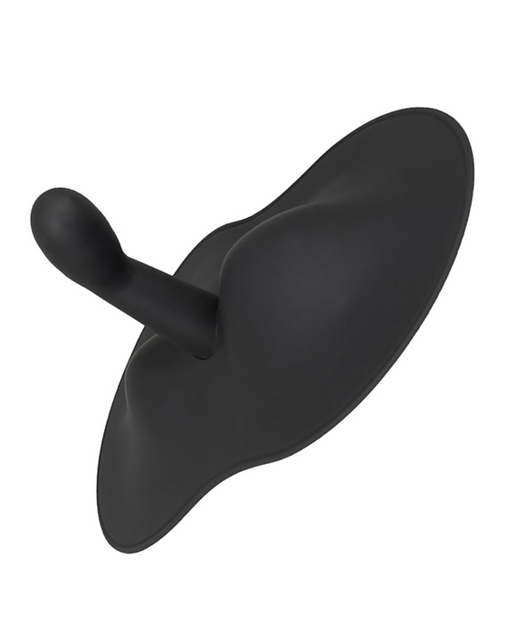A black, modern design Orion analog wall clock without numbers or markers, featuring a unique shape that resembles a spinning propeller and has a powerful VibePad 3 Ride On Hands-Free Humping Vibrator with G-Spot Probe vibe.