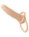 Realistic silicone dildo with an integrated loop handle for grip, designed for anal exploration, presented in a neutral tone with detailed textures: CalExotics Performance Maxx Double Penetration Vibrating Dildo in Ivory.
