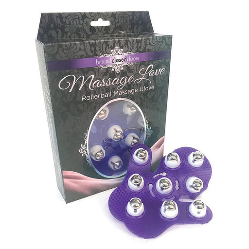 The Massage Love Rollerball Massage Glove, a purple glove with multiple silver massage balls, is shown beside its box with elegant patterns—a convenient way to relieve muscle tension.