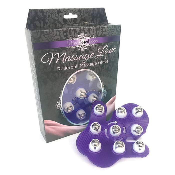 The Massage Love Rollerball Massage Glove, a purple glove with multiple silver massage balls, is shown beside its box with elegant patterns—a convenient way to relieve muscle tension.