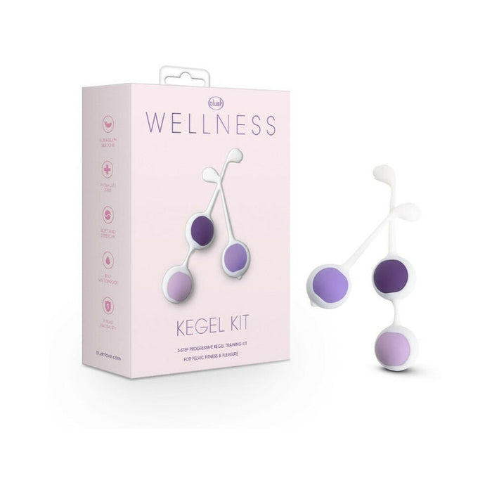 A product image of the Wellness Kegel Ball Training Kit for Pelvic Floor Health, featuring three graduated purple and white weighted kegel balls and light pink packaging displaying product details and branding.
