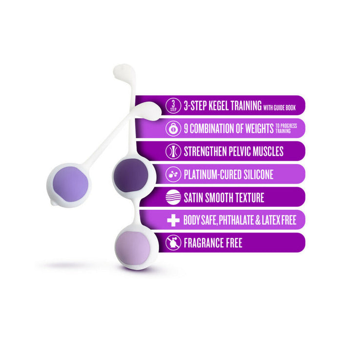 The Wellness Kegel Ball Training Kit for Pelvic Floor Health features two purple and white Kegel balls with 3-step strengthening, 9 weight combinations, platinum-cured silicone, a satin texture, and is body safe and fragrance free.