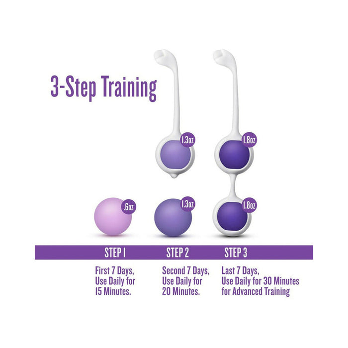 Infographic titled "3-Step Training" features the Wellness Kegel Ball Training Kit for Pelvic Floor Health, with three purple kegel balls—0.6oz, 1.3oz, and double-weight 1.8oz—plus suggested usage times for optimal strengthening.